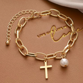Women's Oval Link Bracelet with Cross Charm & Faux Pearl