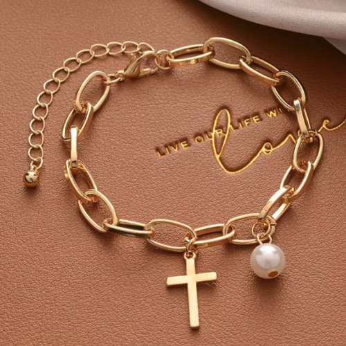 Women's Oval Link Bracelet with Cross Charm & Faux Pearl
